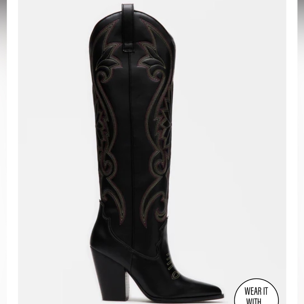 Steve Madden Lasso Black Women's Tall Western Boot with Embroidered Detail
